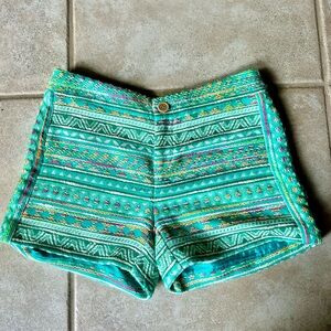 Anthropologie Elevenses 2 colorful green tribal shorts woven design colorful